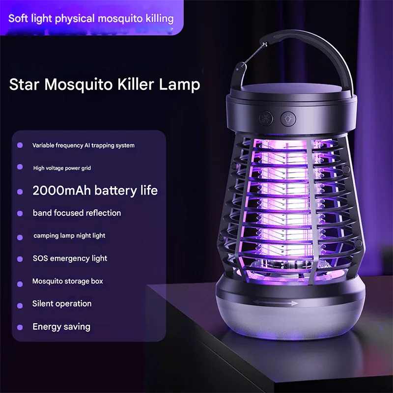 Black Rechargeable 3-in-1 Bug Zapper Lantern - Portable UV Mosquito Killer with Camping Light & SOS Mode - Mekamart Australia