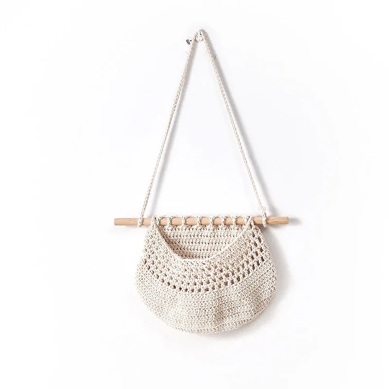 Single-layer cotton rope style Bohemian Hanging Fruit Basket – Wall-Mounted Woven Storage Net Pocket for Kitchen & Home Decor - Mekamart Australia