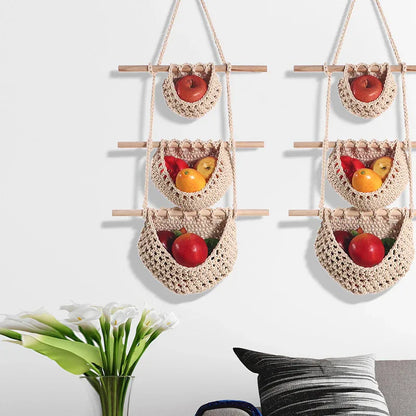 Single-layer cotton rope style Bohemian Hanging Fruit Basket – Wall-Mounted Woven Storage Net Pocket for Kitchen & Home Decor - Mekamart Australia