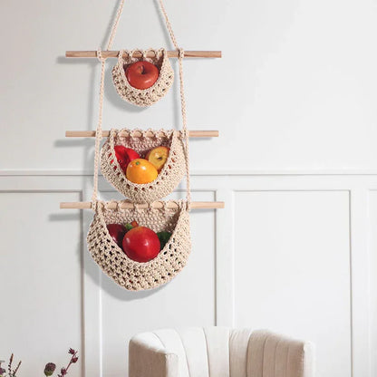 Single-layer cotton rope style Bohemian Hanging Fruit Basket – Wall-Mounted Woven Storage Net Pocket for Kitchen & Home Decor - Mekamart Australia