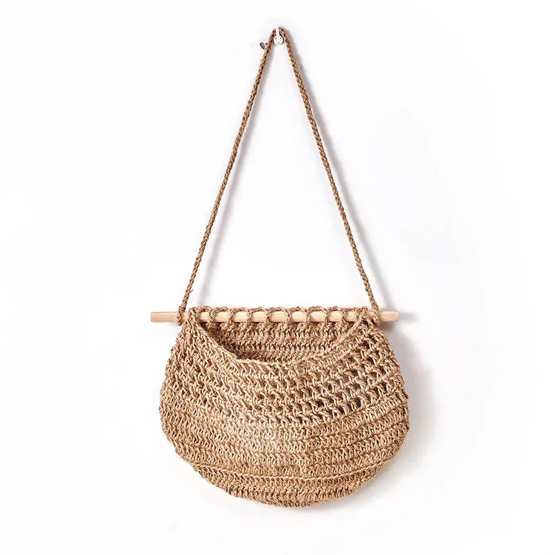 Single-layer hemp rope style Bohemian Hanging Fruit Basket – Wall-Mounted Woven Storage Net Pocket for Kitchen & Home Decor - Mekamart Australia
