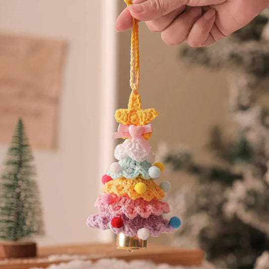 2 Pcs Handmade Crochet Christmas Tree Ornament - Plush Knitted Decoration with Bell - Ideal for Home, Car & Holiday Decor(Style E) - Mekamart Australia