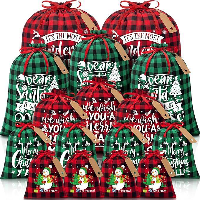 Black and white checkered Christmas Gift Drawstring Bags Set - Festive Burlap Style Pouches for Candy & Apples - Holiday Decoration - 10 Pcs - Mekamart Australia