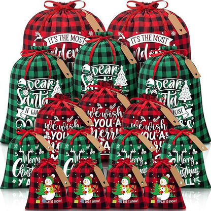 Black and white checkered Christmas Gift Drawstring Bags Set - Festive Burlap Style Pouches for Candy & Apples - Holiday Decoration - 10 Pcs - Mekamart Australia
