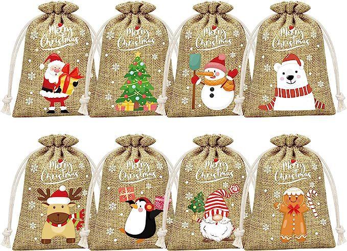 Brown Christmas Gift Drawstring Bags Set - Festive Burlap Style Pouches for Candy & Apples - Holiday Decoration - 10 Pcs - Mekamart Australia