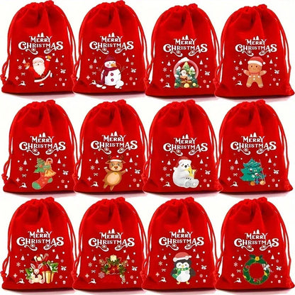 Red flannel Christmas Gift Drawstring Bags Set - Festive Burlap Style Pouches for Candy & Apples - Holiday Decoration - 10 Pcs - Mekamart Australia