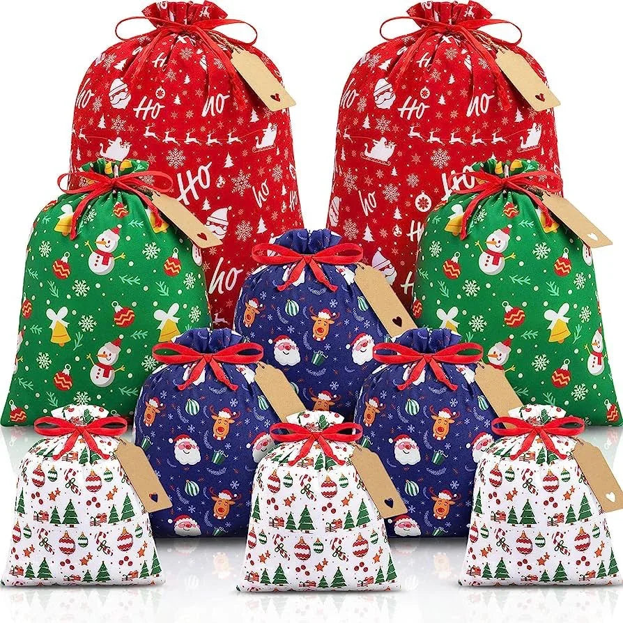 Red flannel Christmas Gift Drawstring Bags Set - Festive Burlap Style Pouches for Candy & Apples - Holiday Decoration - 10 Pcs - Mekamart Australia