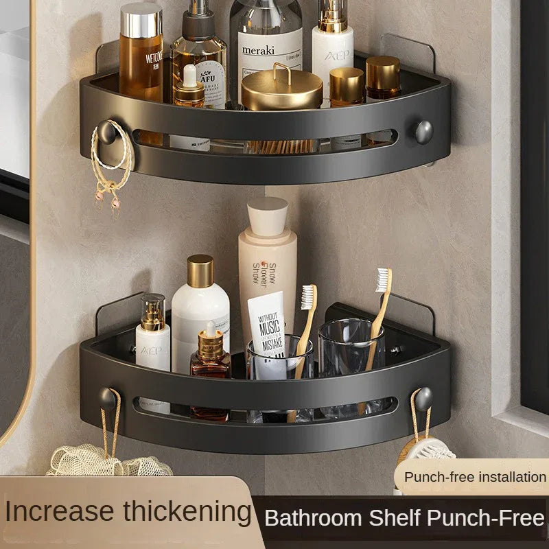 Gun grey Premium No-Drill Corner Shower Caddy - Thickened ABS Bathroom Storage Shelf with Hooks, Quick Wall Mount Organiser - Mekamart Australia