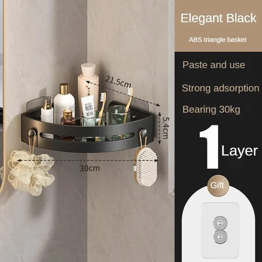 Elegant black Premium No-Drill Corner Shower Caddy - Thickened ABS Bathroom Storage Shelf with Hooks, Quick Wall Mount Organiser - Mekamart Australia