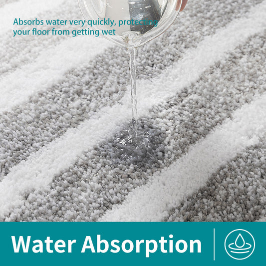 Grey Plush Striped Bath Mat - Ultra Soft, Absorbent & Non-Slip Bathroom Rug for Shower and Tub
