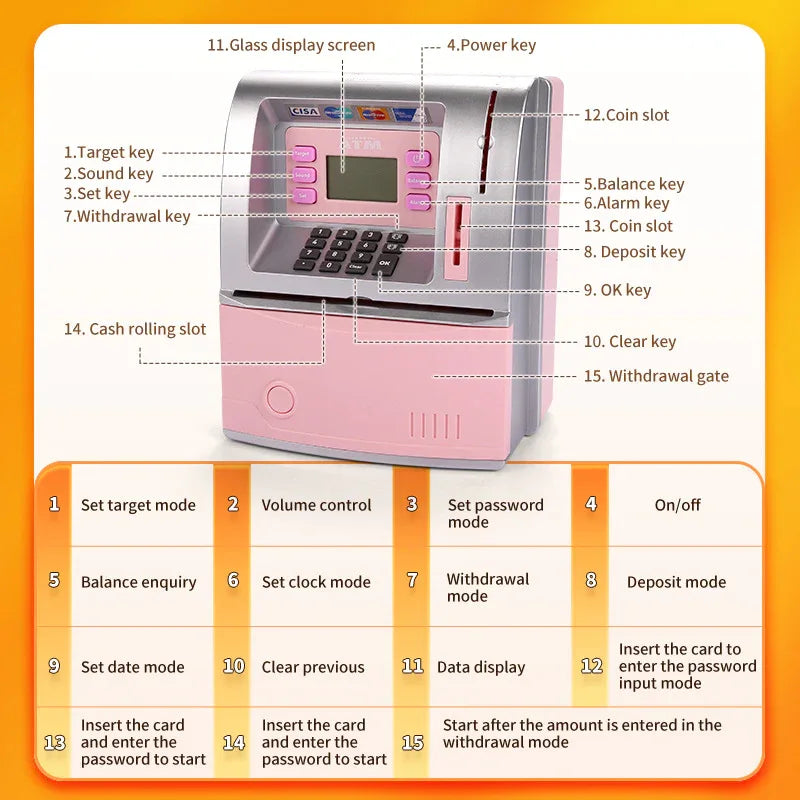 Pink Digital ATM Savings Bank for Kids - Electronic Piggy Bank with PIN & Card for Real Money - Mekamart Australia