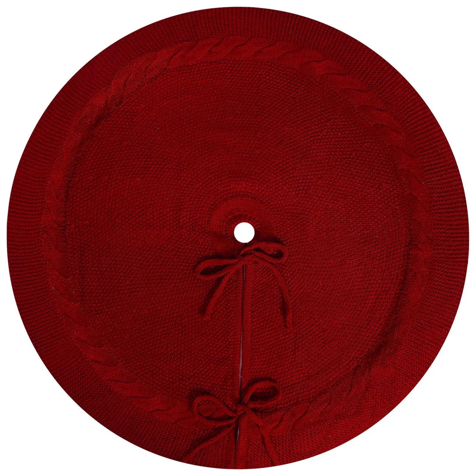 Red Luxury Knit Christmas Tree Skirt with Cable-Knit Border - Rustic Holiday Decor(62cm) - Mekamart Australia