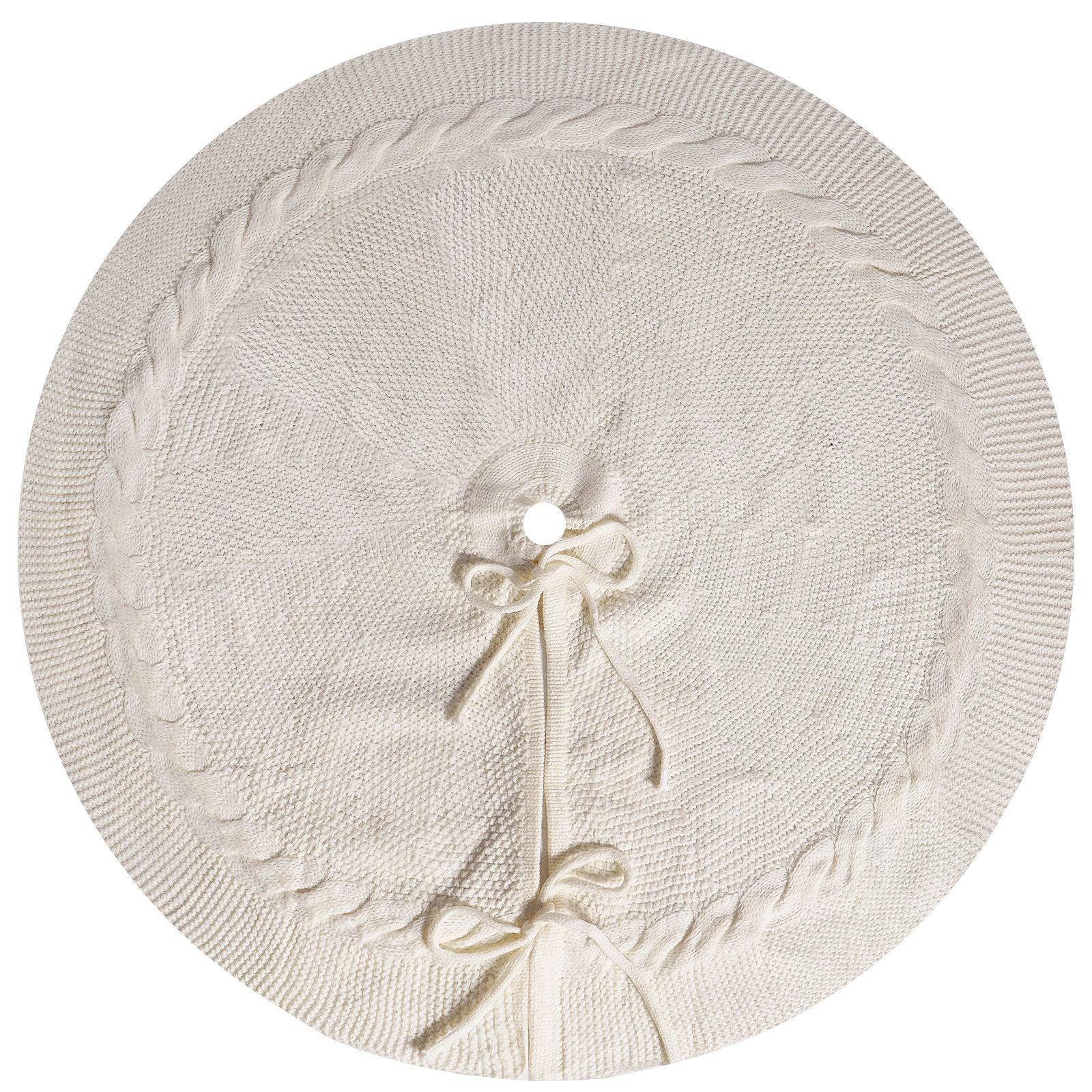 White Luxury Knit Christmas Tree Skirt with Cable-Knit Border - Rustic Holiday Decor(62cm) - Mekamart Australia