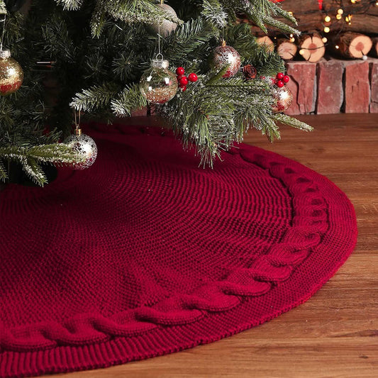 White Luxury Knit Christmas Tree Skirt with Cable-Knit Border - Rustic Holiday Decor(62cm) - Mekamart Australia