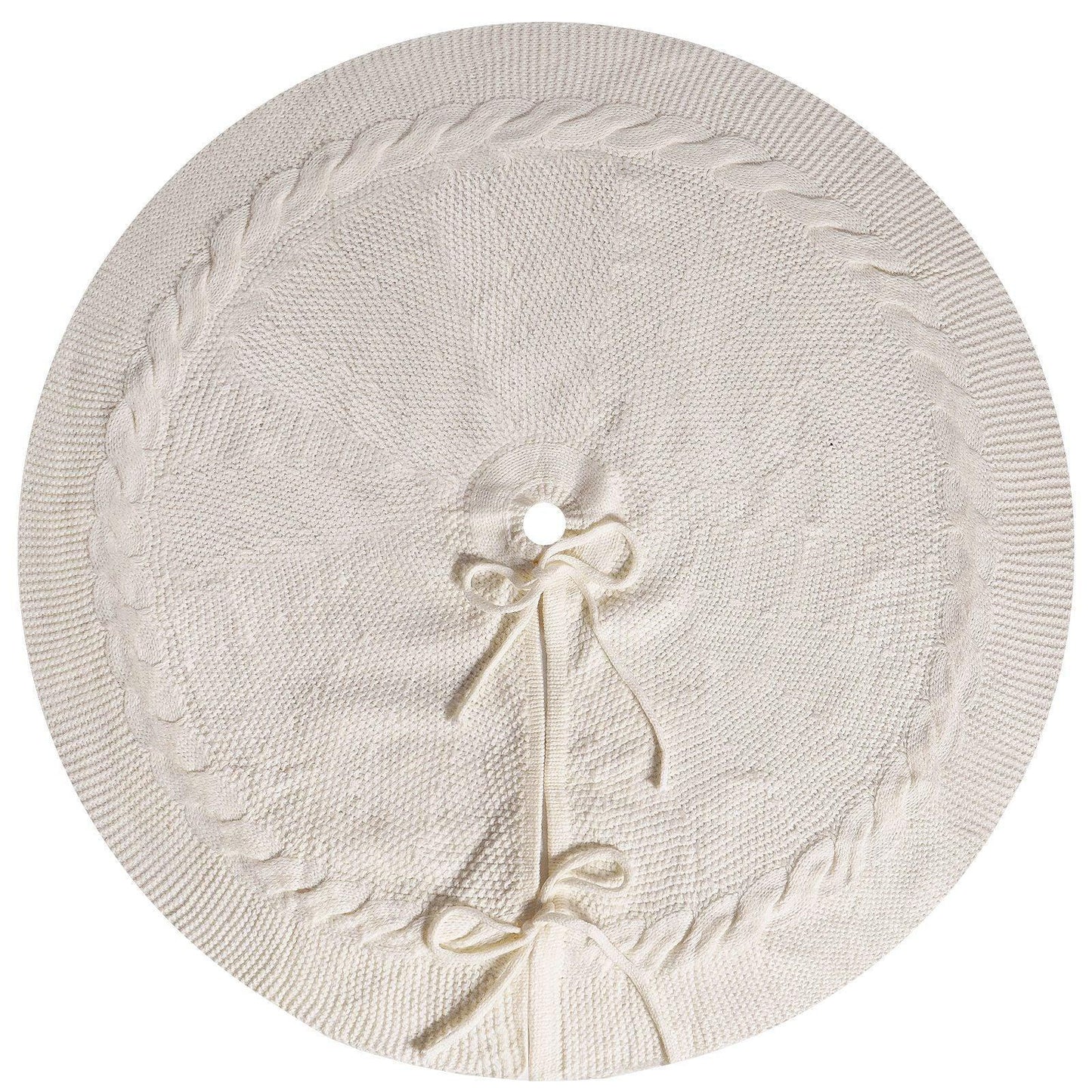 White Luxury Knit Christmas Tree Skirt with Cable-Knit Border - Rustic Holiday Decor(92cm) - Mekamart Australia