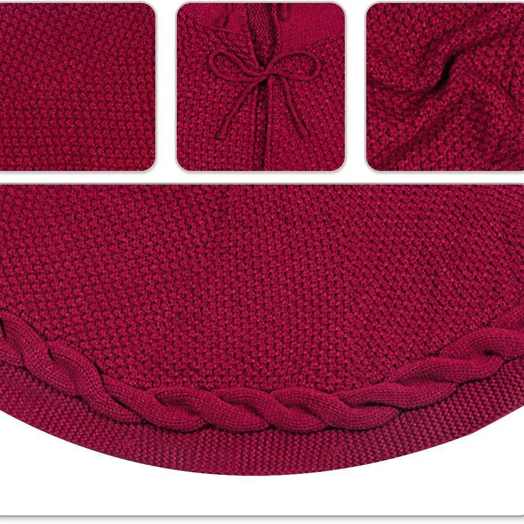 White Luxury Knit Christmas Tree Skirt with Cable-Knit Border - Rustic Holiday Decor(92cm) - Mekamart Australia