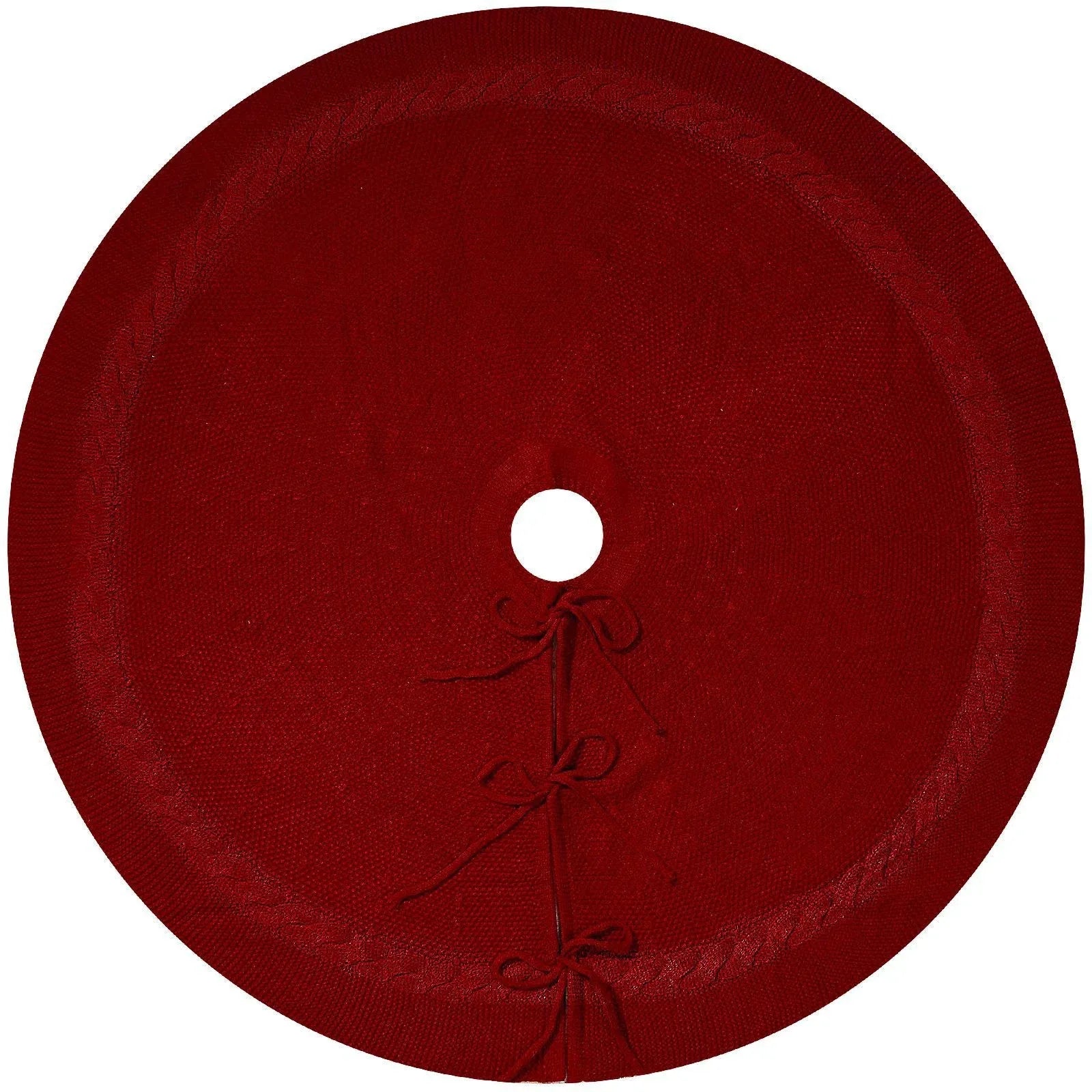 Red Luxury Knit Christmas Tree Skirt with Cable-Knit Border - Rustic Holiday Decor(122cm) - Mekamart Australia