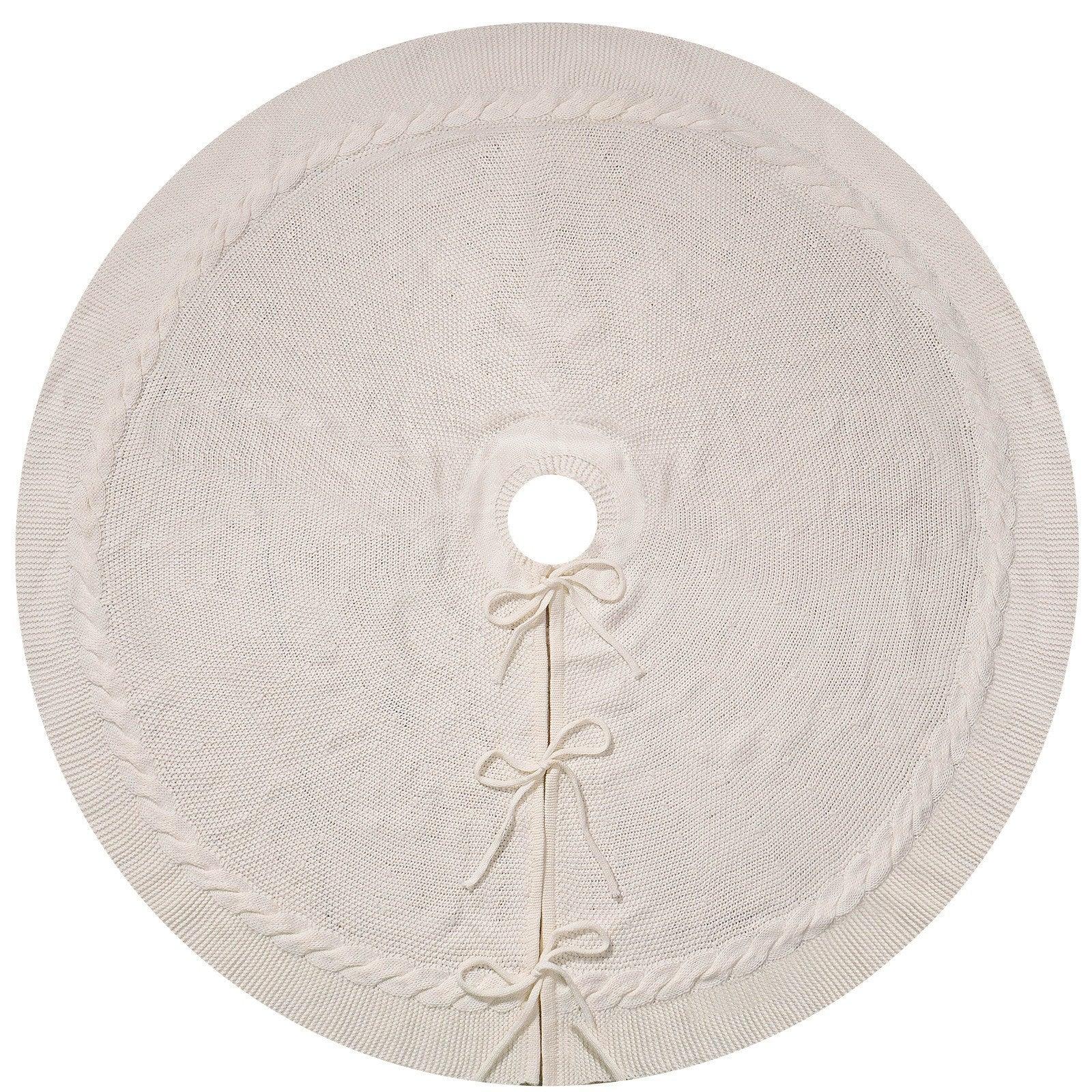 White Luxury Knit Christmas Tree Skirt with Cable-Knit Border - Rustic Holiday Decor(122cm) - Mekamart Australia