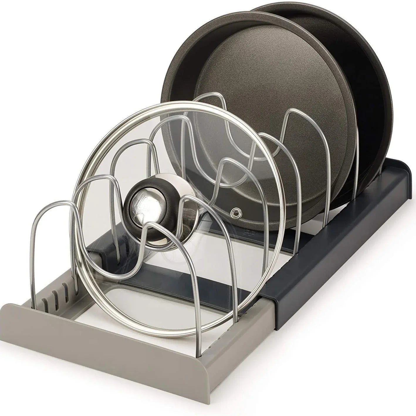 Grey Expandable Pan & Pot Lid Organizer Rack - Adjustable Kitchen Cabinet Storage Holder for Bakeware & Cutting Boards - Mekamart Australia