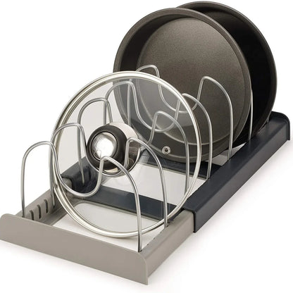 Grey Expandable Pan & Pot Lid Organizer Rack - Adjustable Kitchen Cabinet Storage Holder for Bakeware & Cutting Boards - Mekamart Australia