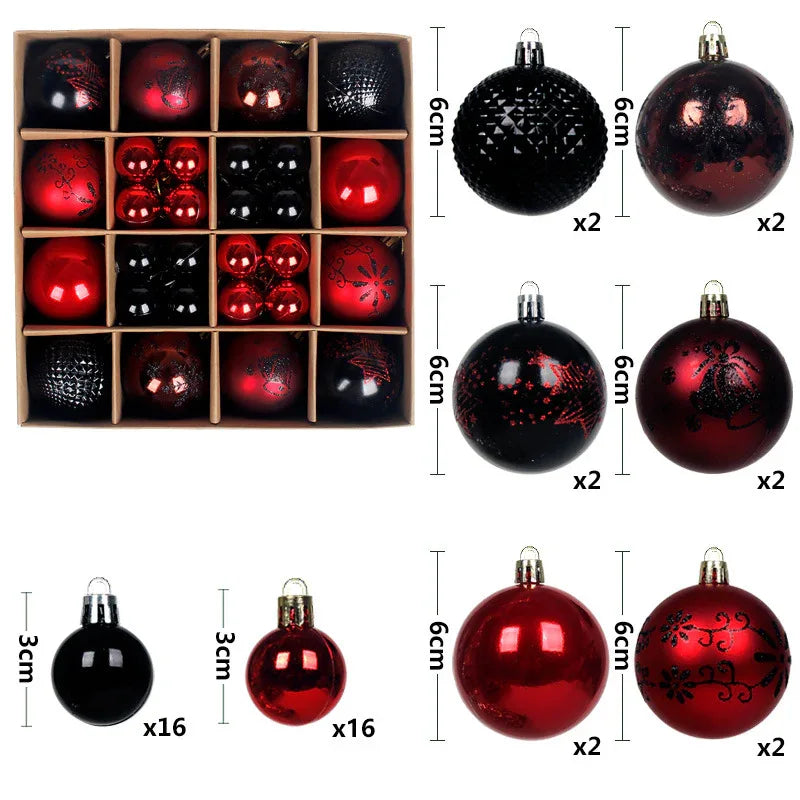 Black and red 44-Piece Assorted Christmas Baubles Set with Elegant Designs in Wooden Gift Box - 3-6cm Decorative Ornaments for Tree, Home & Holiday Display - Mekamart Australia