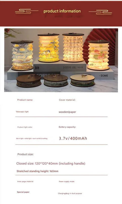 Foldable Telescopic Lantern Lamp - 3 Light Modes, USB Rechargeable, Wood/Paper Finish(white) - Mekamart Australia