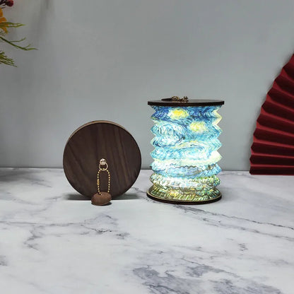 Foldable Telescopic Lantern Lamp - 3 Light Modes, USB Rechargeable, Wood/Paper Finish(Starry Night by Van Gogh) - Mekamart Australia