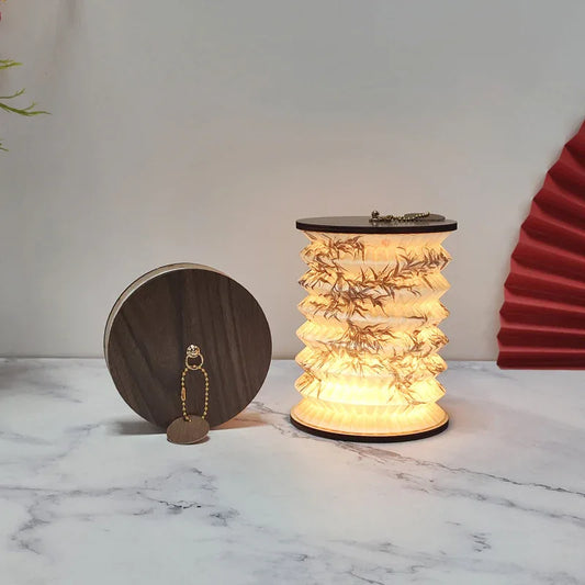 Foldable Telescopic Lantern Lamp - 3 Light Modes, USB Rechargeable, Wood/Paper Finish(Ink Bamboo Painting) - Mekamart Australia