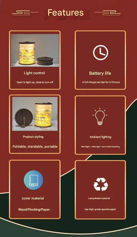Foldable Telescopic Lantern Lamp - 3 Light Modes, USB Rechargeable, Wood/Paper Finish(Good Luck and Happiness) - Mekamart Australia
