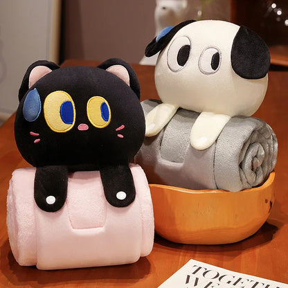 Plush 2-in-1 Pillow Blanket - Adorable Design for Cozy Comfort(Black and white dog) - Mekamart Australia