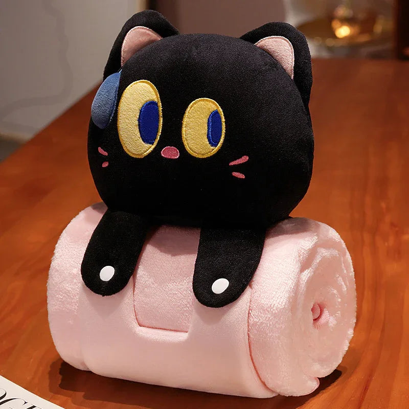 Plush 2-in-1 Pillow Blanket - Adorable Design for Cozy Comfort(Black Cat) - Mekamart Australia