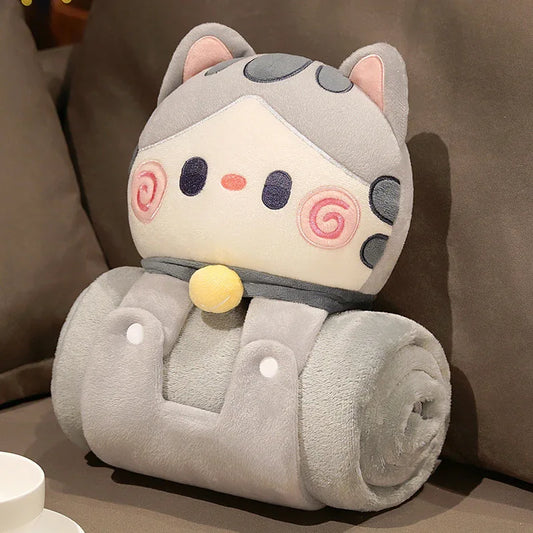 Plush 2-in-1 Pillow Blanket - Adorable Design for Cozy Comfort(Grey Cat) - Mekamart Australia