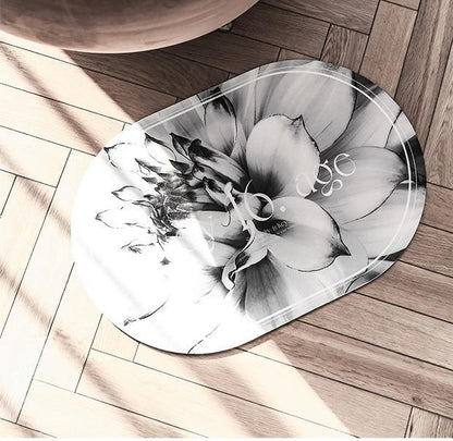 Elegant Floral Print Absorbent Floor Mat - Quick Dry, Non-Slip, Easy Clean Bathroom & Entryway Rug(Black and White) - Mekamart Australia