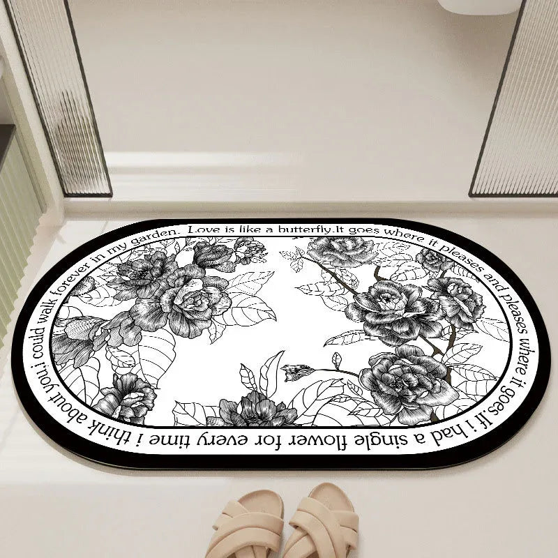 Elegant Floral Print Absorbent Floor Mat - Quick Dry, Non-Slip, Easy Clean Bathroom & Entryway Rug(Black and White) - Mekamart Australia
