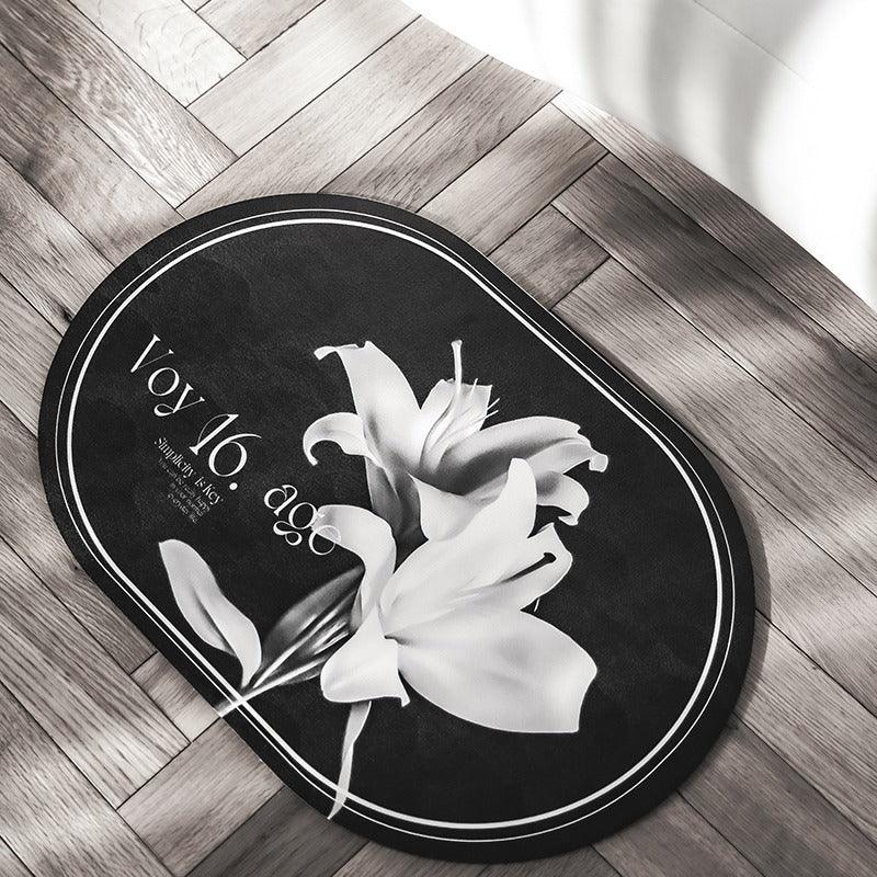 Elegant Floral Print Absorbent Floor Mat - Quick Dry, Non-Slip, Easy Clean Bathroom & Entryway Rug(White flowers on black background) - Mekamart Australia