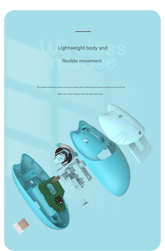 Cute Cat Shaped Wireless Office Mouse - Dual Mode 2.4G/Bluetooth, 3-Level DPI, Silent Click(purple)