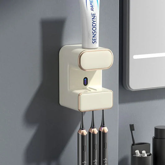 Automatic Toothpaste Dispenser with UVC Toothbrush Sterilizer & Holder - Wall Mounted, Rechargeable(Beige) - Mekamart Australia