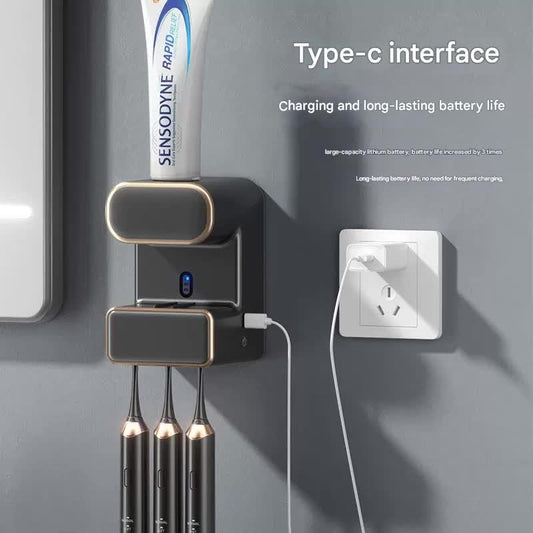 Automatic Toothpaste Dispenser with UVC Toothbrush Sterilizer & Holder - Wall Mounted, Rechargeable(Beige) - Mekamart Australia