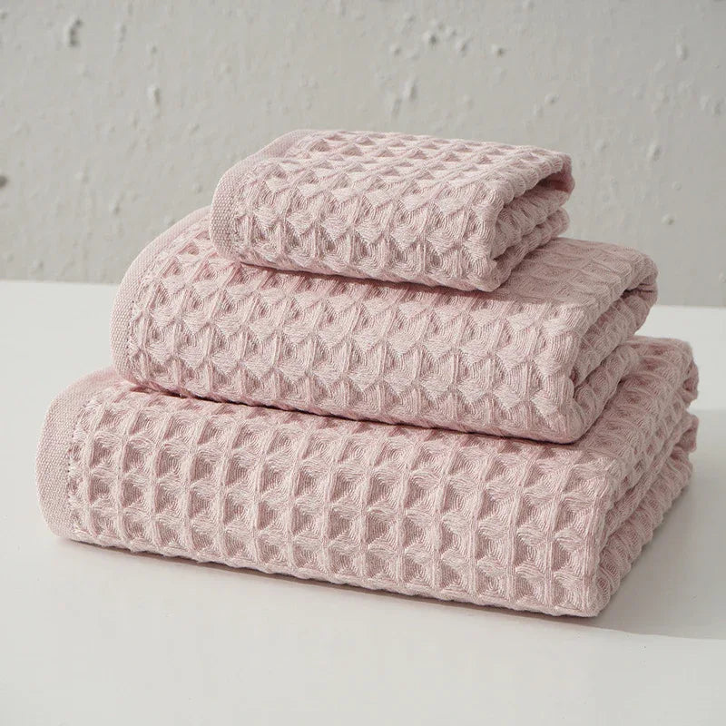 Luxurious 100% Cotton Waffle Weave Towel Set - 3-Piece Absorbent, Quick-Drying & Soft(Pink) - Mekamart Australia