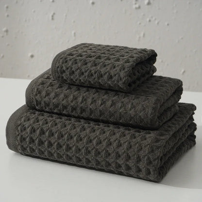 Luxurious 100% Cotton Waffle Weave Towel Set - 3-Piece Absorbent, Quick-Drying & Soft(Dark Brown) - Mekamart Australia