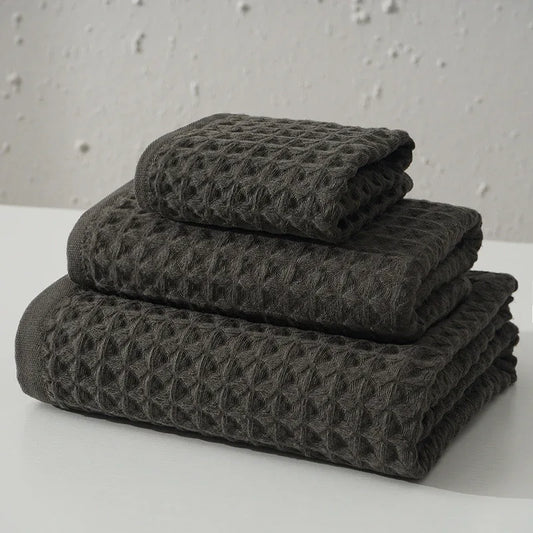 Luxurious 100% Cotton Waffle Weave Towel Set - 3-Piece Absorbent, Quick-Drying & Soft(Dark Brown) - Mekamart Australia