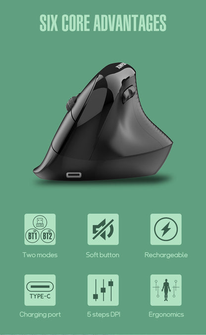 Two Ergonomic Vertical Wireless Mouse - Dual Mode (2.4G & Bluetooth), 5 Adjustable DPI, Silent Clicks, Rechargeable(black)