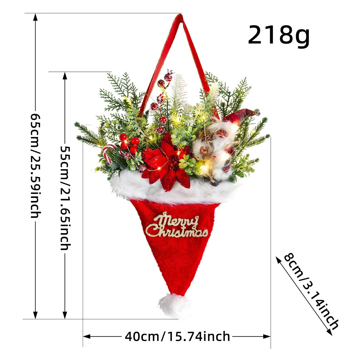 Illuminated Santa Hat Door Hanger with Holiday Greenery & Berries - Christmas Wall Decor(red) - Mekamart Australia