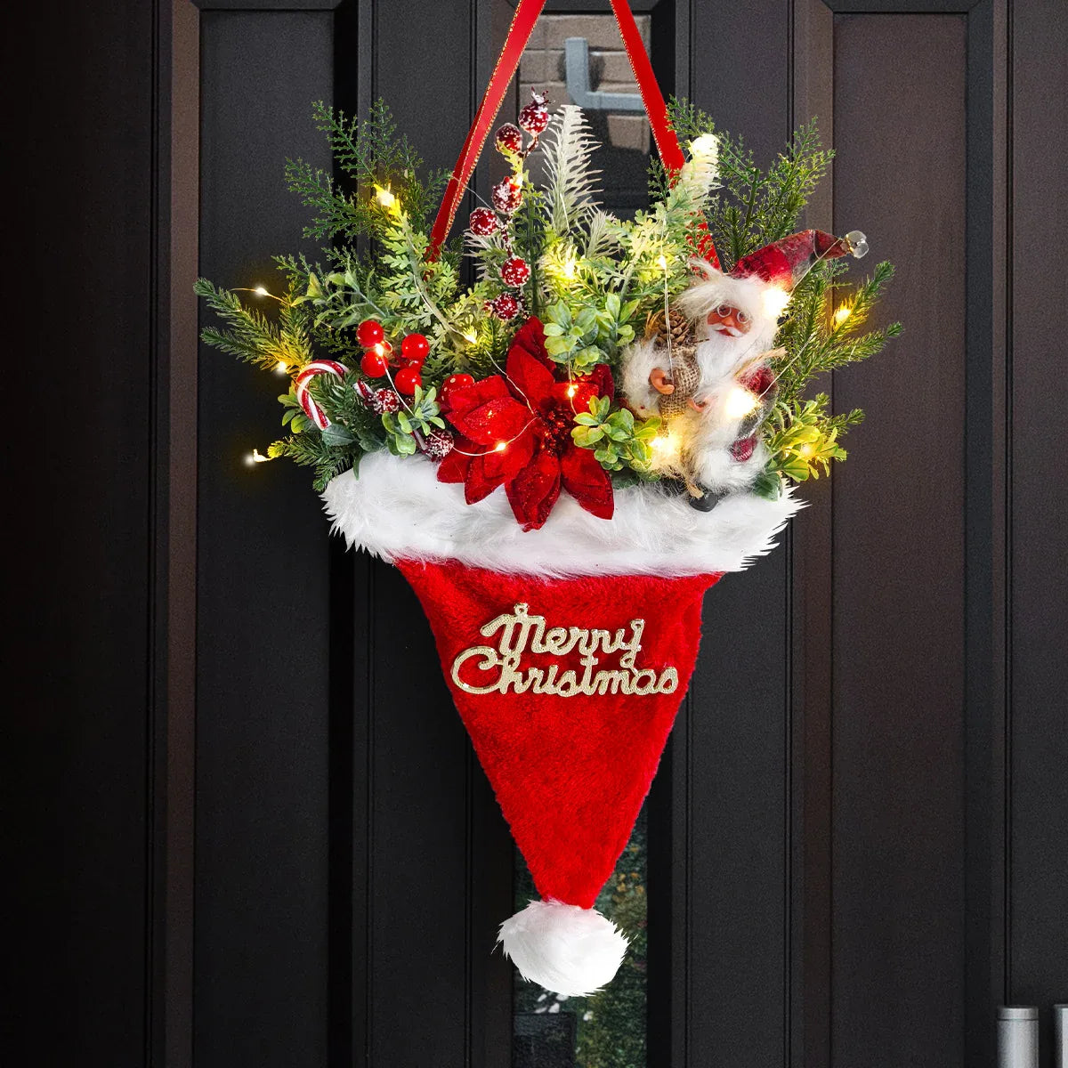 Illuminated Santa Hat Door Hanger with Holiday Greenery & Berries - Christmas Wall Decor(red) - Mekamart Australia