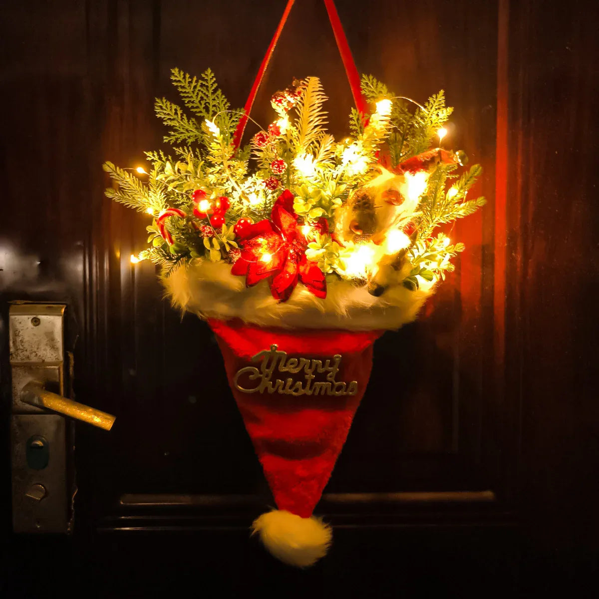 Illuminated Santa Hat Door Hanger with Holiday Greenery & Berries - Christmas Wall Decor(red) - Mekamart Australia