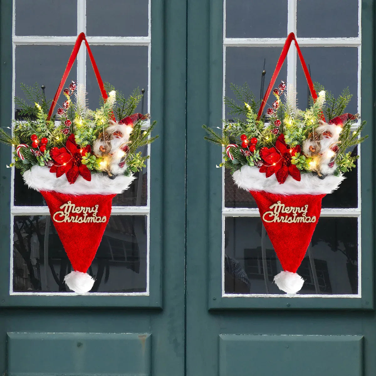 Illuminated Santa Hat Door Hanger with Holiday Greenery & Berries - Christmas Wall Decor(red) - Mekamart Australia