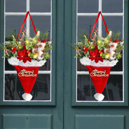 Illuminated Santa Hat Door Hanger with Holiday Greenery & Berries - Christmas Wall Decor(red) - Mekamart Australia