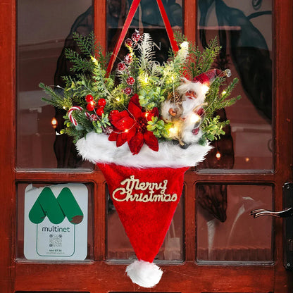 Illuminated Santa Hat Door Hanger with Holiday Greenery & Berries - Christmas Wall Decor(red) - Mekamart Australia