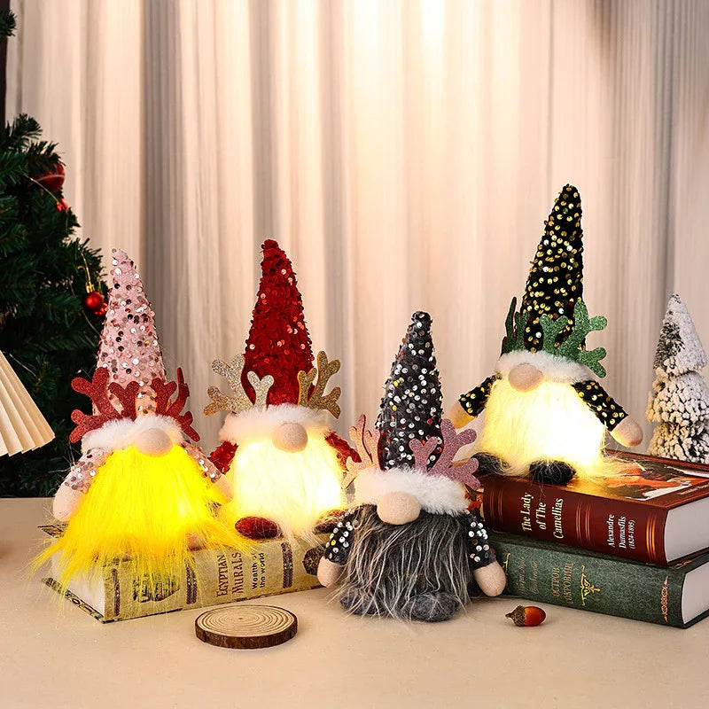 Light-Up Christmas Gnome Plush Doll with Sequin Hat & Antlers - Festive LED Tabletop Decoration(red) - Mekamart Australia