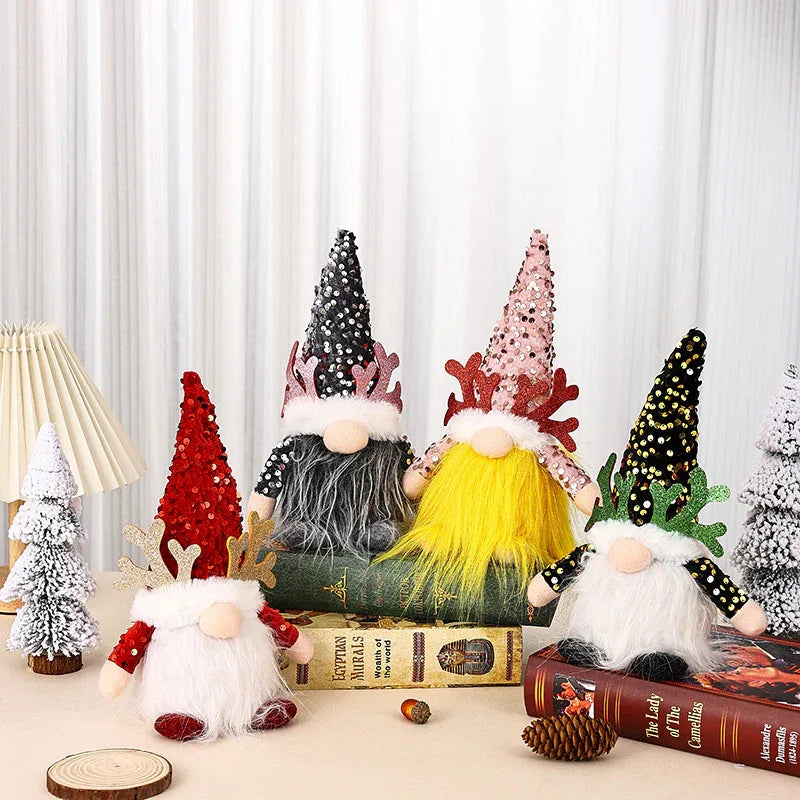 Light-Up Christmas Gnome Plush Doll with Sequin Hat & Antlers - Festive LED Tabletop Decoration(red) - Mekamart Australia